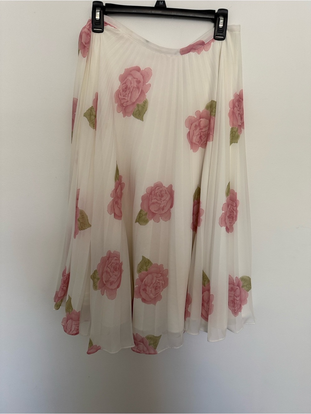 Flowy White Floral Midi Skirt with Pink Rose Print